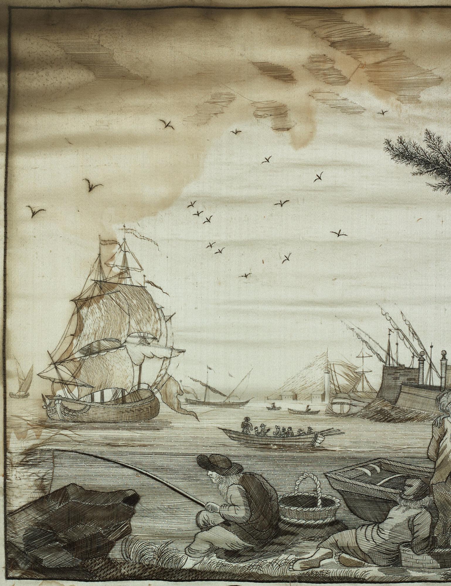 Embroideries, 1 pair, "Vue des Environs de Bayonne", signed and dated.