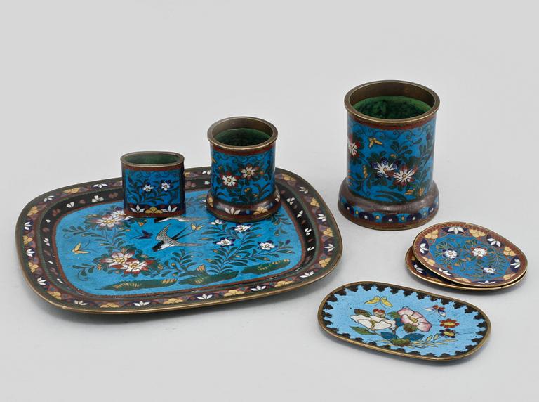 PARTI CLOISONNE, 7 delar, orientaliska, omkring 1900.