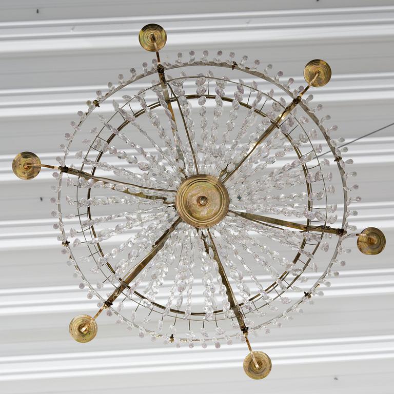 A late Gustavian gilt brass and cut glass seven-light chandelier, Stockholm late 18th century.