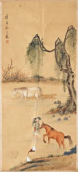 A Chinese scroll painting by un unkown artist, late Qing dynasty.