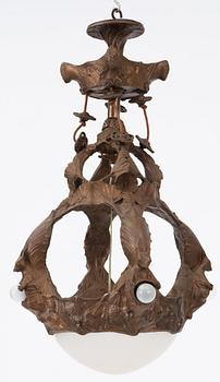 An Art Nouveau patinated brass ceiling lamp, attributed to Alice Nordin, Böhlmarks, Stockholm 1910's-20's.