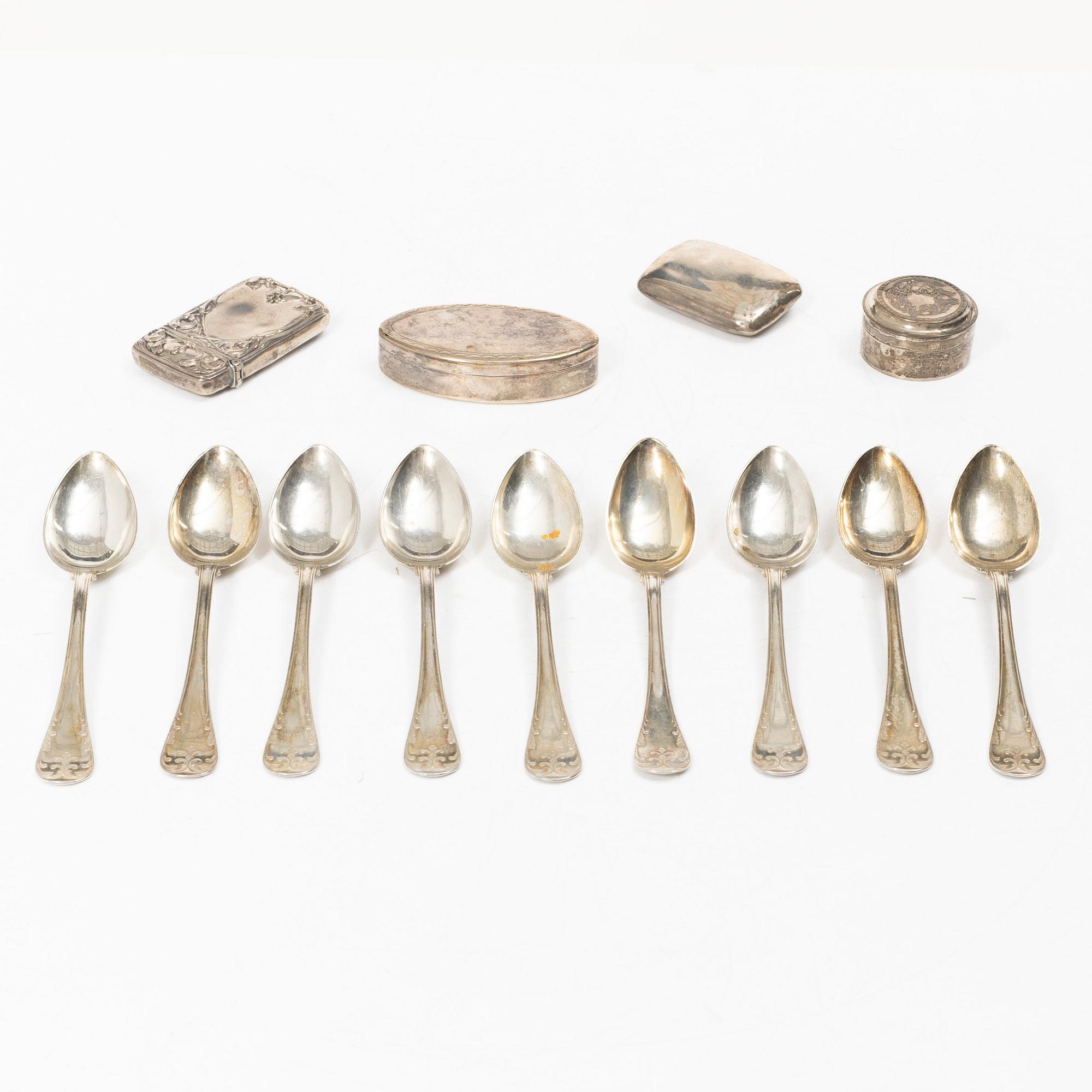 Dosor, 4 st, samt teskedar, 9 st, silver, 1800-1900-tal.