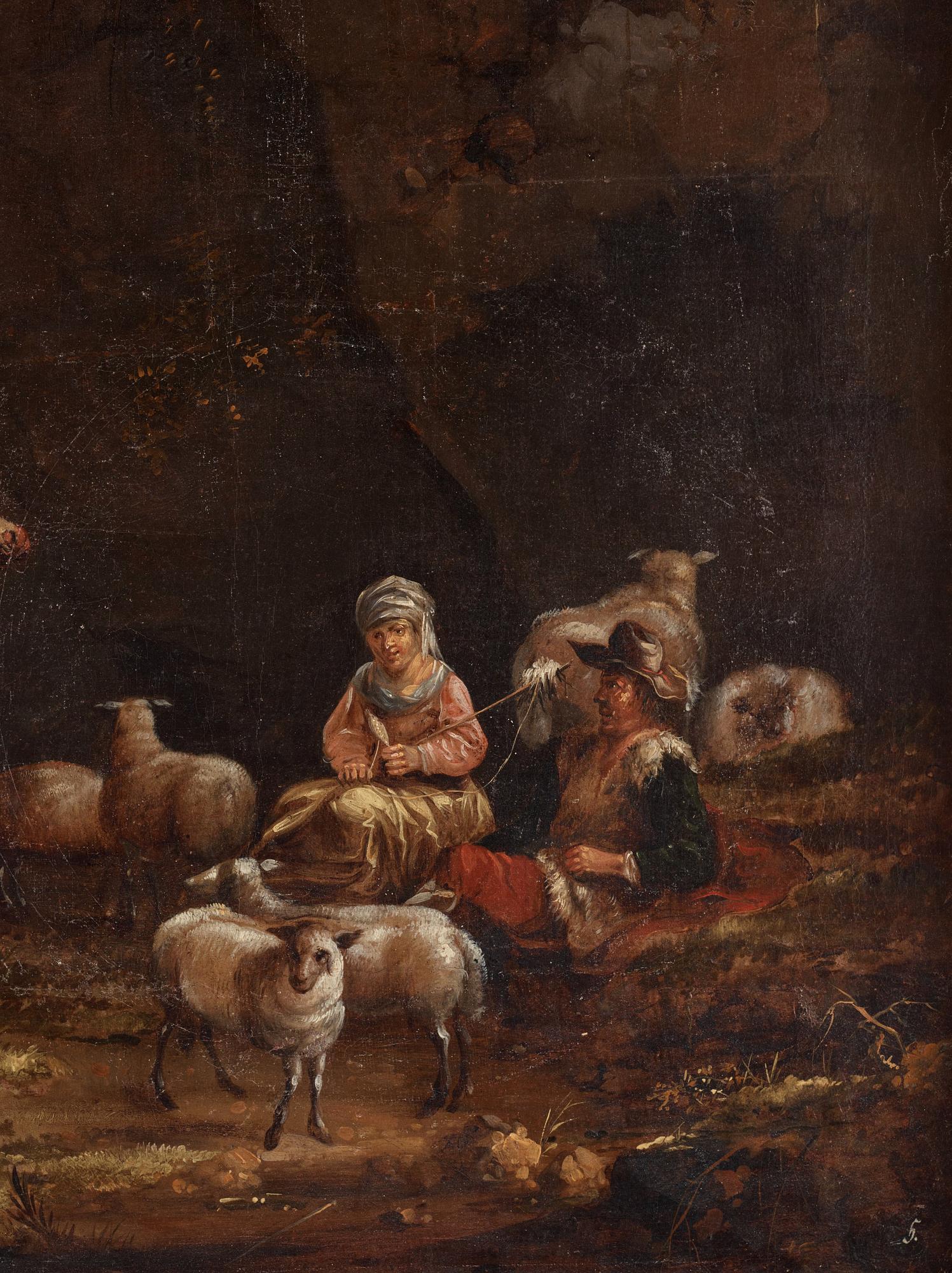 Jan Willemsz. Lapp, hans efterföljd, Arkaiskt landskap med rastande figurer och boskap.