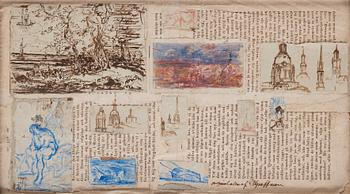 931A. Carl Samuel Graffman, 11 teckningar med varierande motiv uppklistrade på ett tryckt textblad.