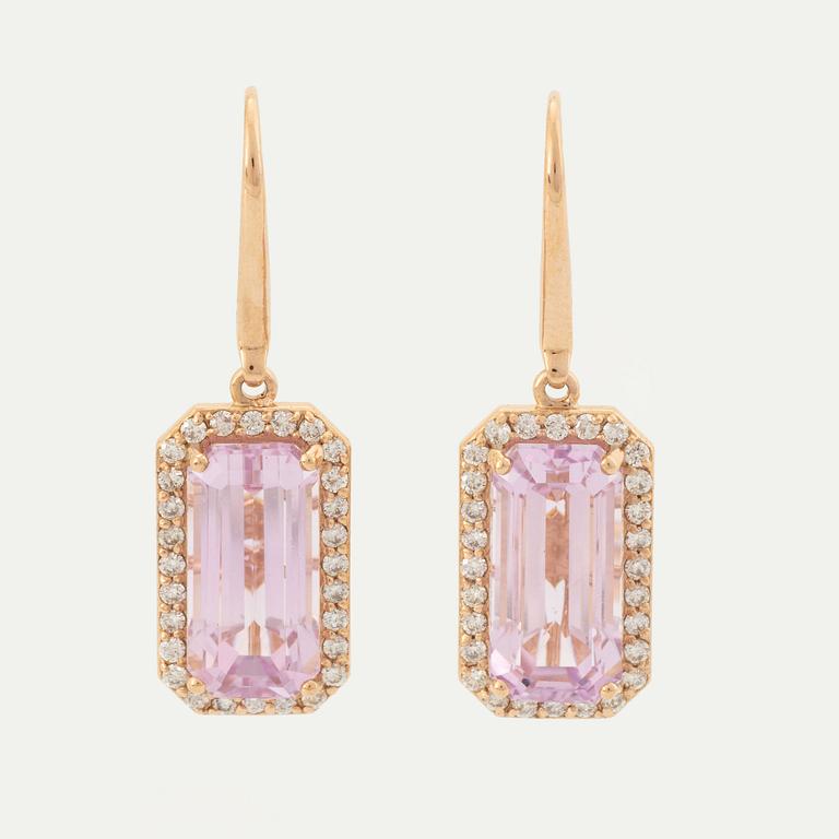 Kunzite and brilliant-cut diamond earrings.