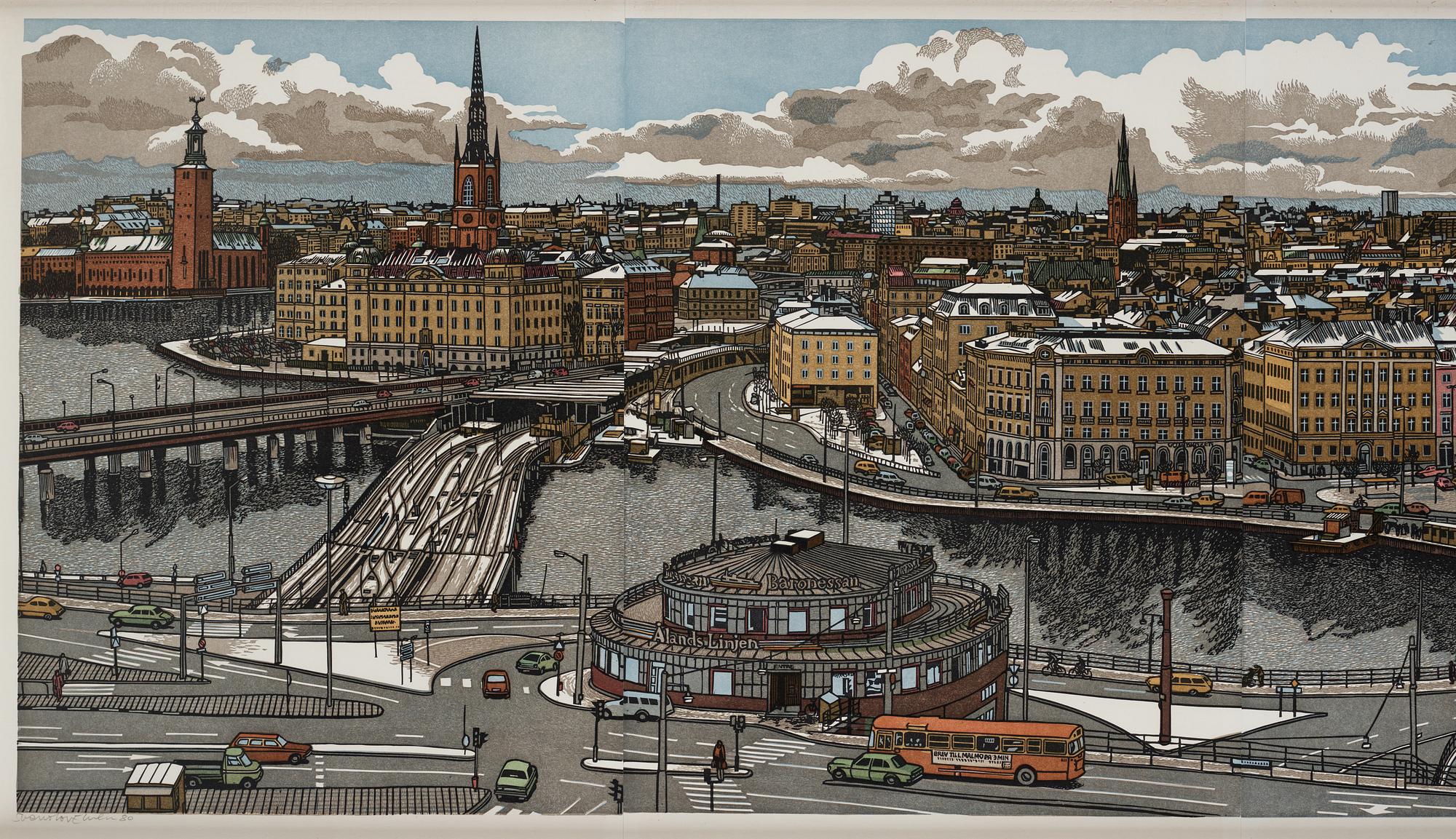 SVENOLOV EHRÉN, färgträsnitt, samramade motiv över slussen. 225/360.