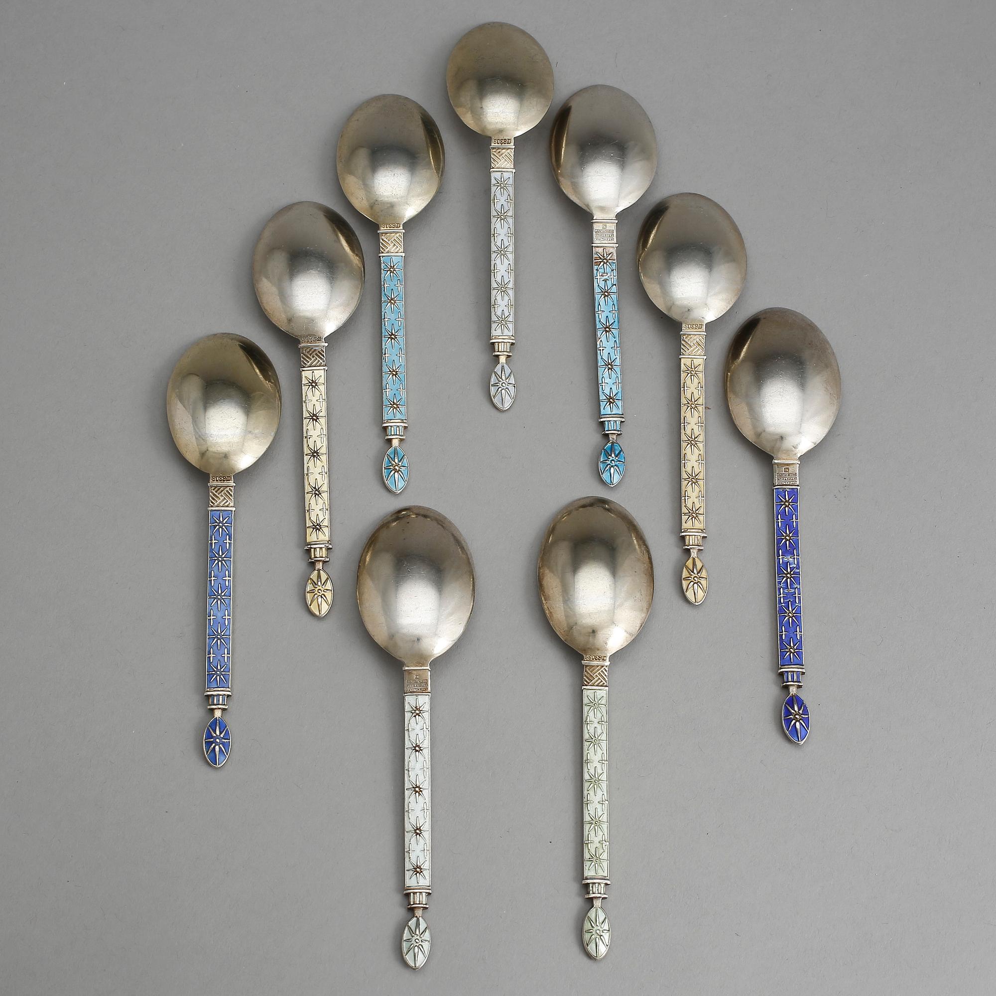 DESSERTSKEDAR, 9 st, emalj och silver, J Tostrup, Norge, Oslo, 1900-tal. Tot vikt ca 195 gram.