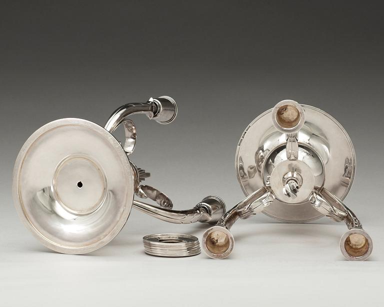 A pair of Atelier Borgila silver candelabra for three candles, Stockholm 1932.