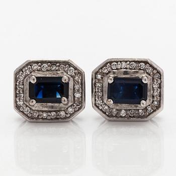 Earrings, emerald-cut sapphires, 8/8 cut diamonds, 14K white gold.