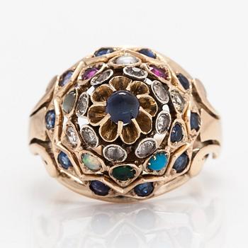 A ca. 12K gold ring with gemstones and seed pearl.