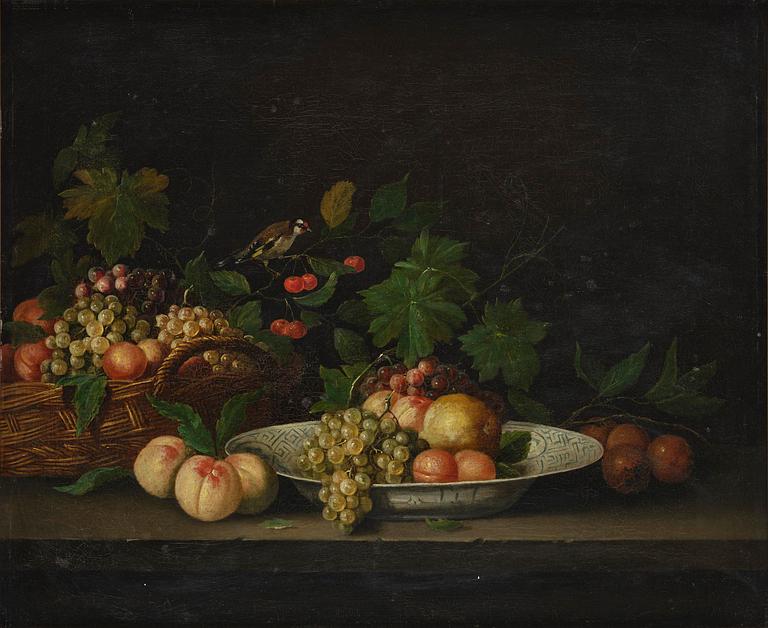Joris van Son, follower of, Still life with a goldfinch, fruits, and a plate.