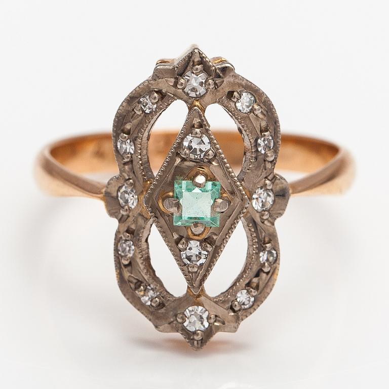 A 14K gold ring with an beryl and diamonds ca. 0.55 ct in total. Soviet union.