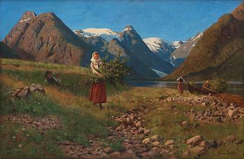 754. Hans Dahl, Fjordlandskap med figurer som plockar ris.