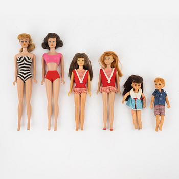 Barbie, dockor, 6 st, Bl a Barbie no 7 samt Skipper, vintage, 1960-tal.