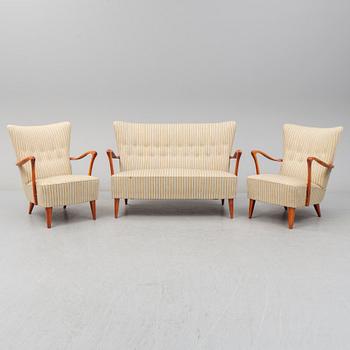 SOFFA SAMT FÅTÖLJER, ett par, 1940-/50-tal.
