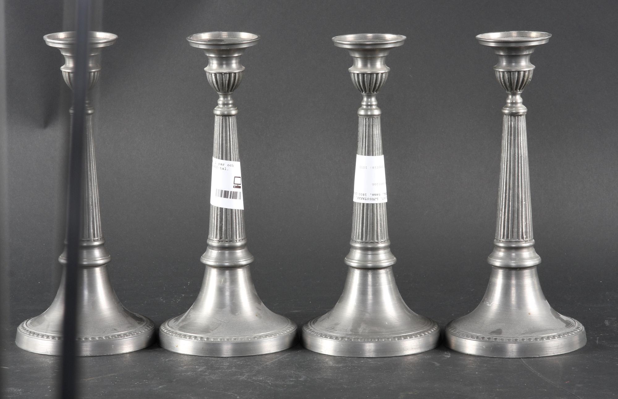 LJUSSTAKAR, 2 par och SKÅL, tenn, 1800-1900-tal.