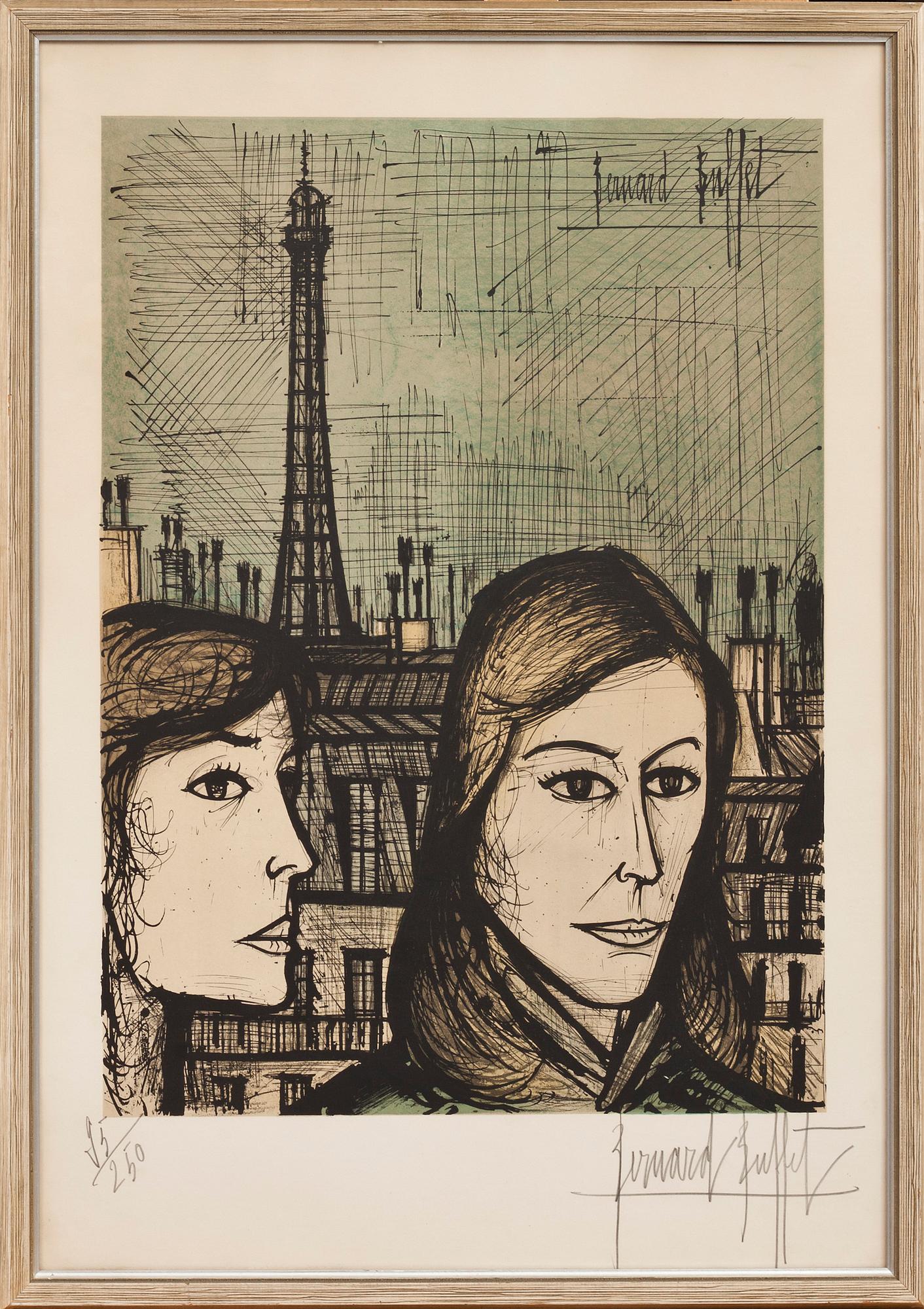 BERNARD BUFFET, färglitografi. "Deux femmes avant la tour Eiffel". Signerad och numrerad 95/250.