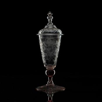 An engraved armorial goblet with cover, 18th Century.