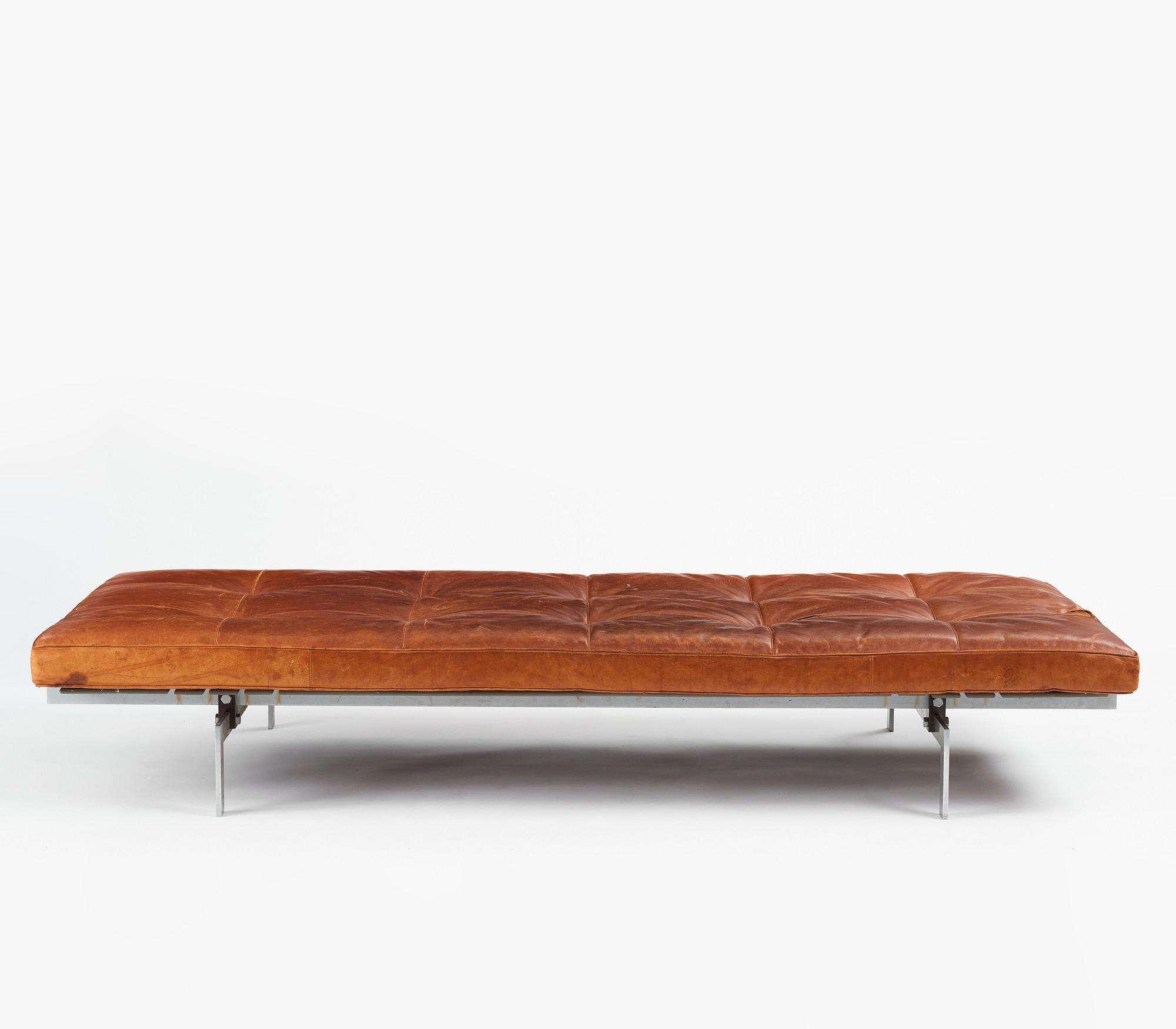 Poul Kjaerholm, A 'PK-80' steel and brown leather daybed, E Kold Christensen, Denmark 1960s.