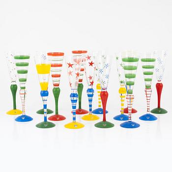 Anne Nilsson, 16 champagne glasses, 'Clown', Orrefors.