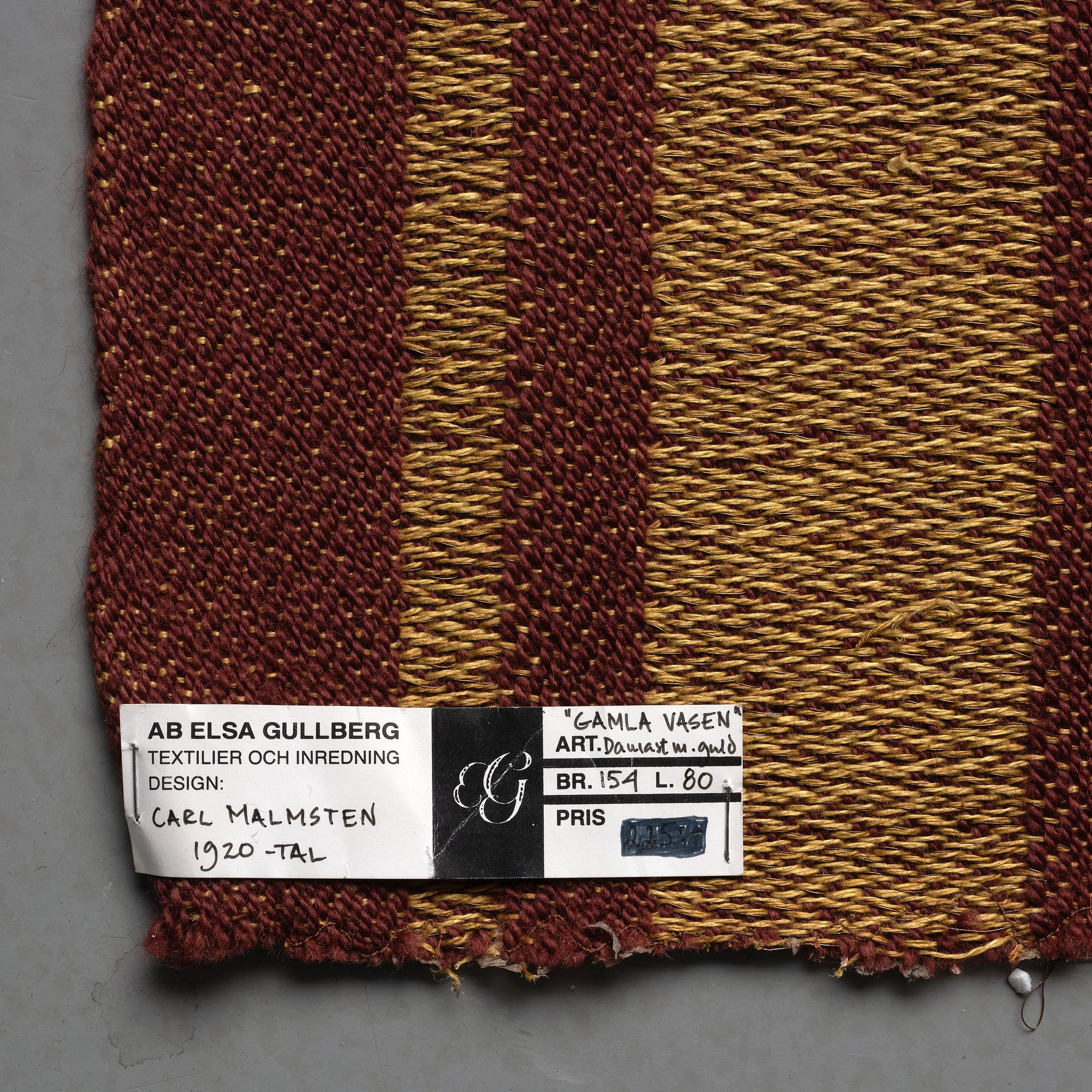 Carl Malmsten, a fabric sample, “Gamla Vasen”, AB Elsa Gullberg Textilier och Inredning, Stockholm, 1920s.