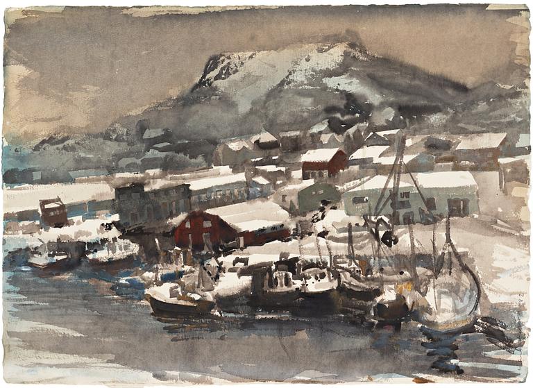 Lars Lerin, "Båtar i hamn, Lofoten".