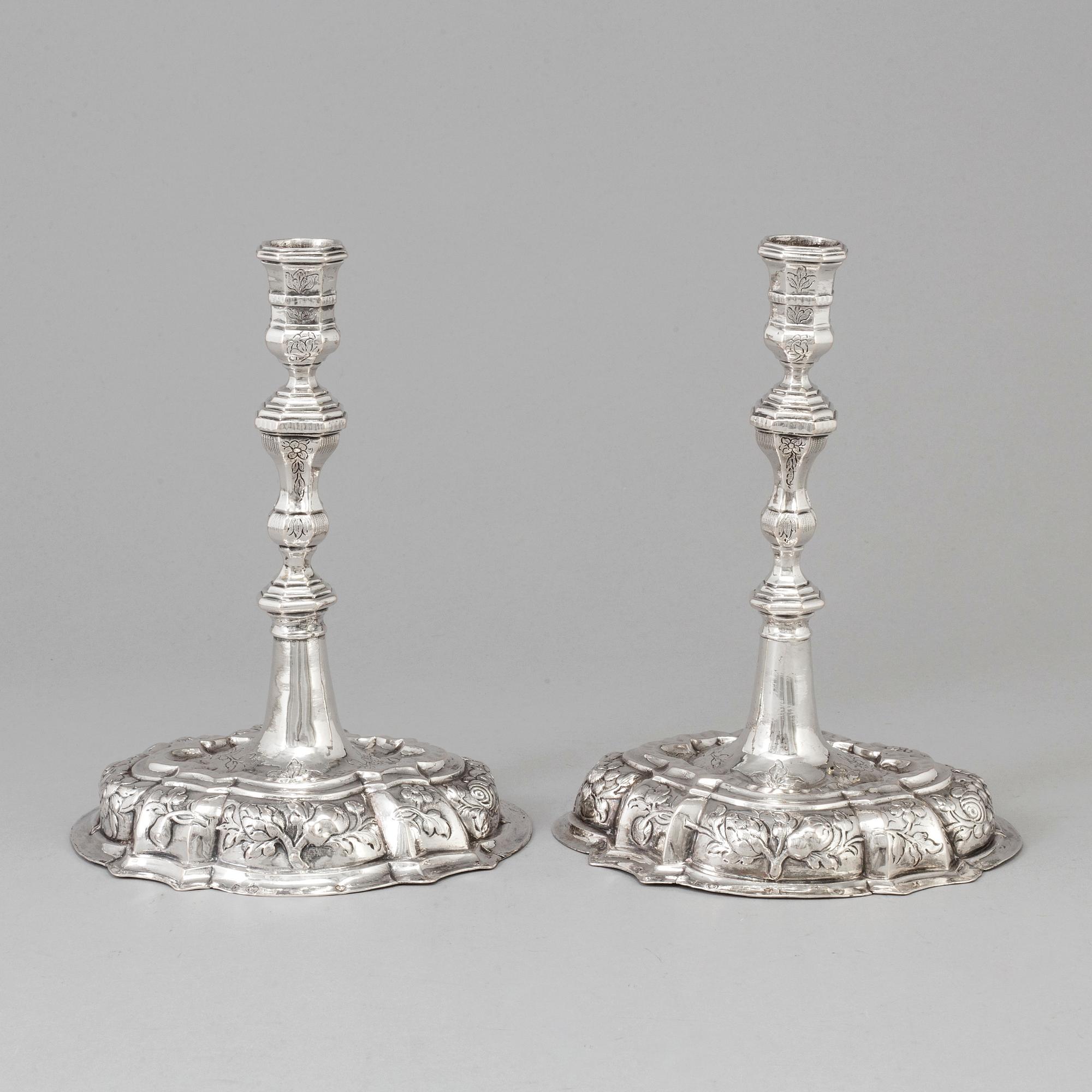 A pair of 18th century silver candlesticks, unidentified makers mark, Breslau 1737-1745.