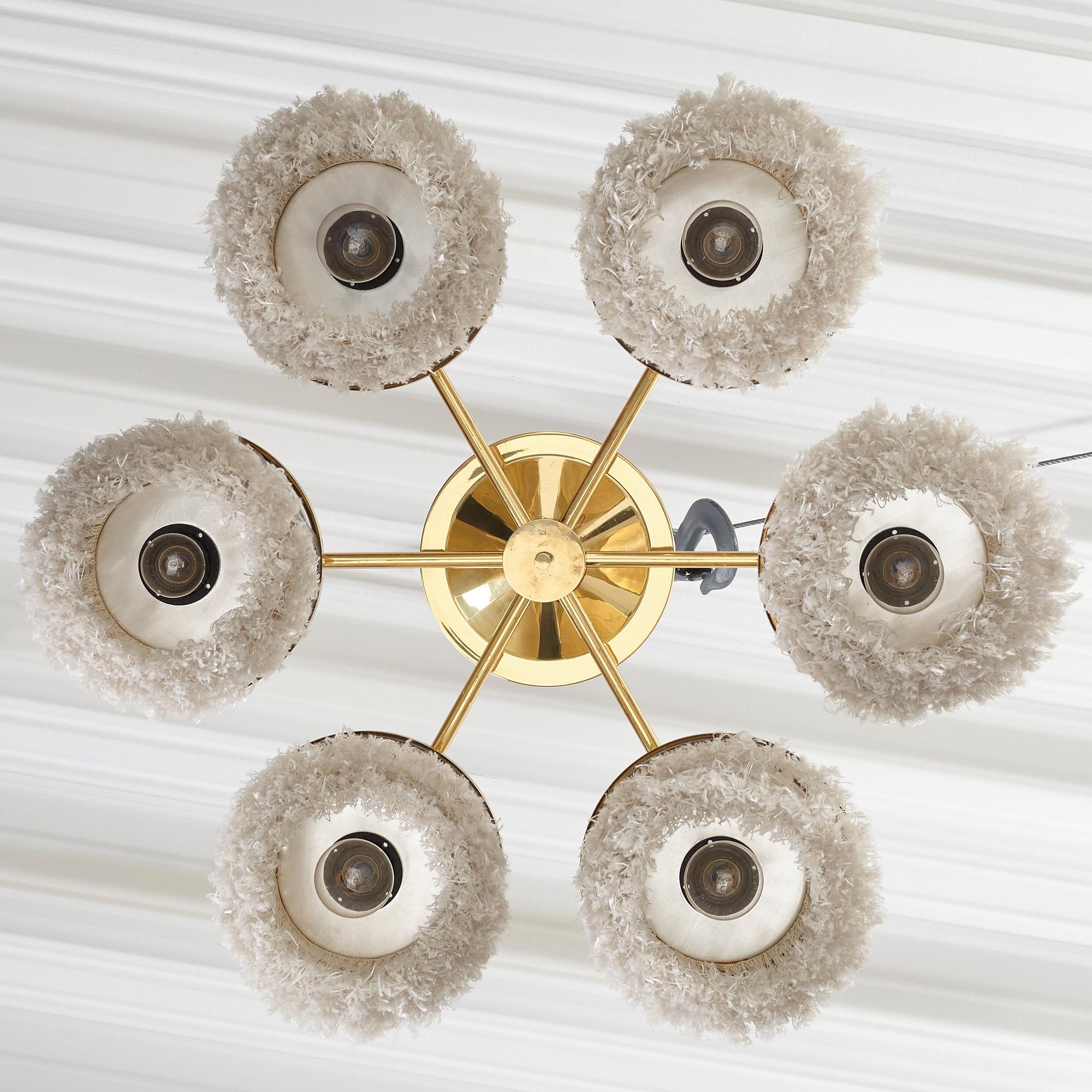 Hans-Agne Jakobsson, a six shade model "T-606" brass and tassle ceiling lamp, Markaryd, Sweden 1960-70´s.