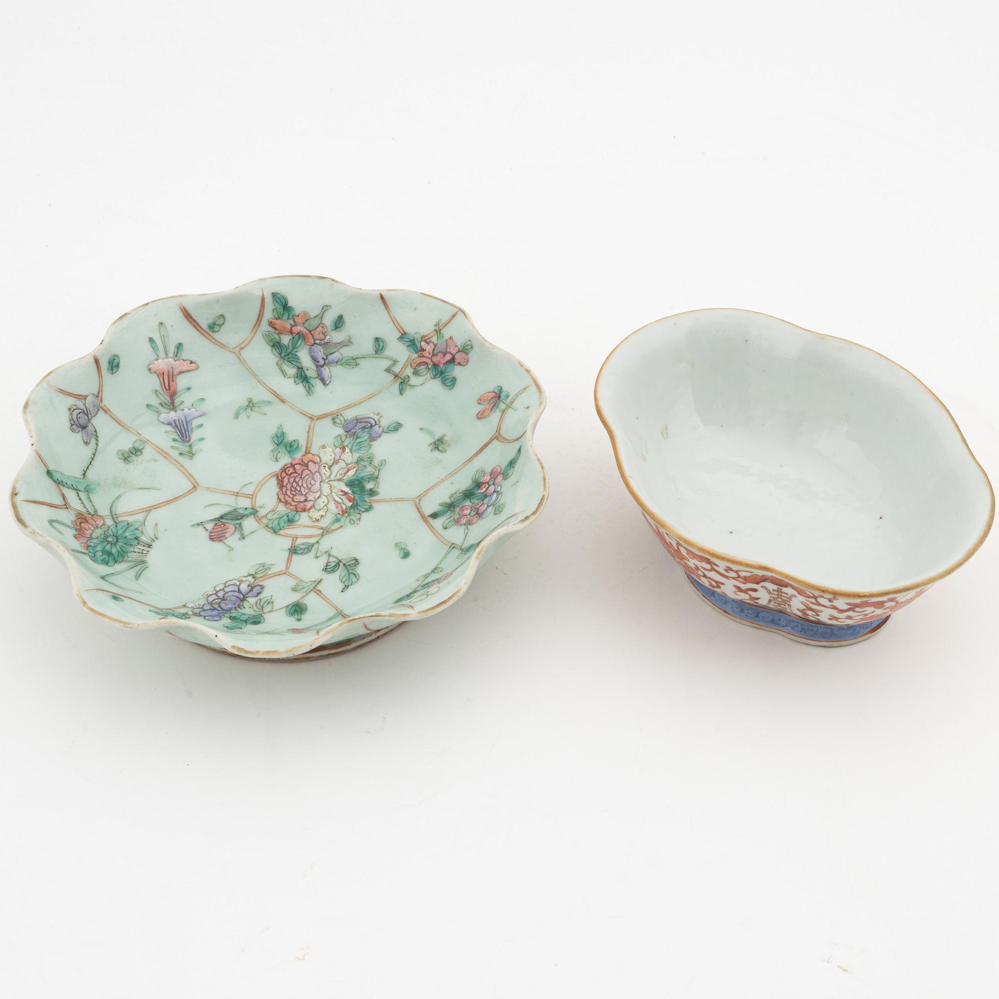 A famille rose jar with cover, box with cover and a dish and a bowl, China, circa 1900.