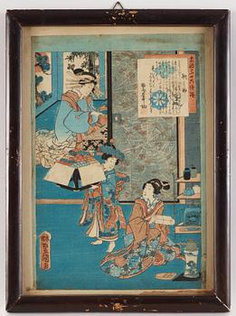 Utagawa Kunisada, four colour woodblock prints, Japan, c. 1850-60.