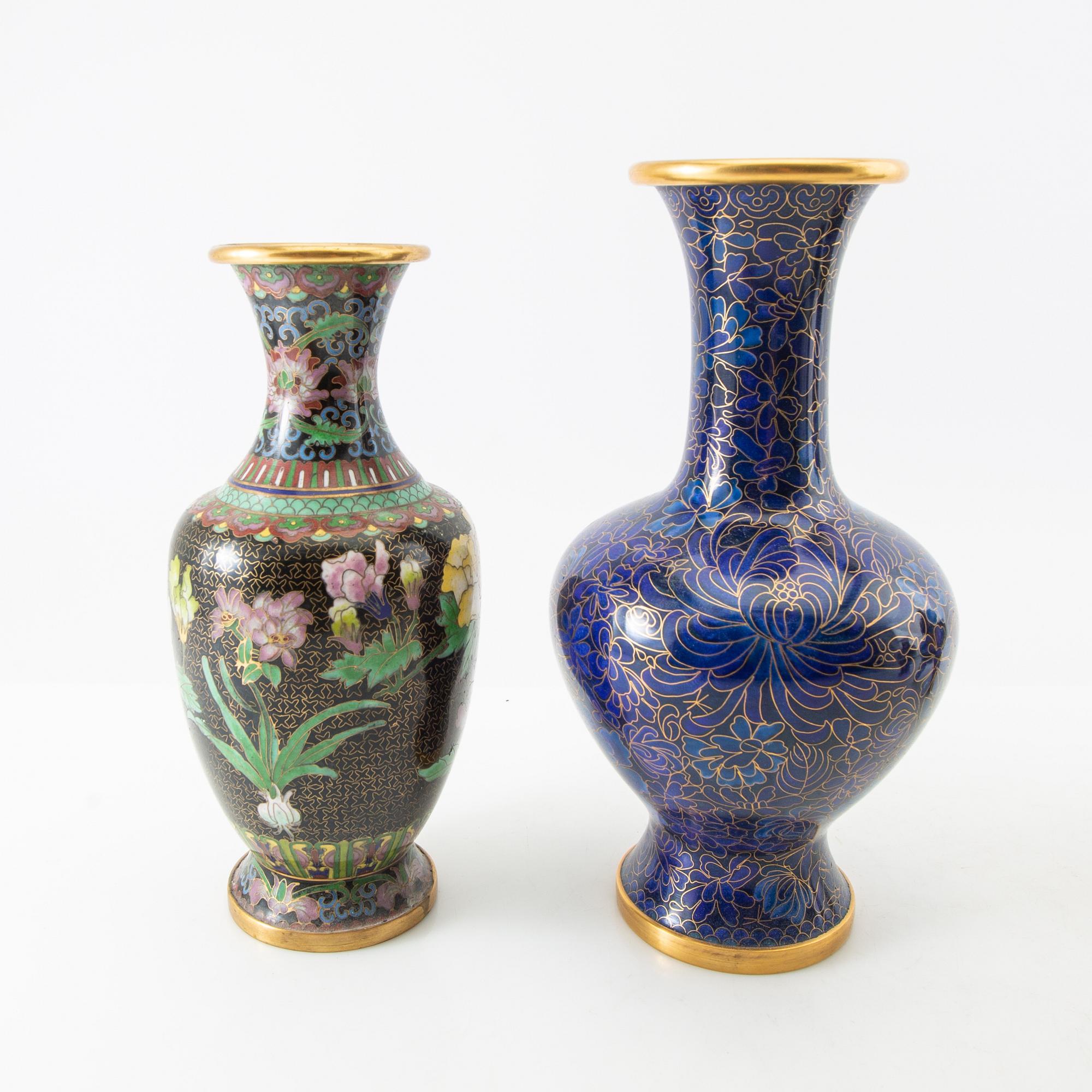 Vases 3 pcs and incense burner China cloisonné works 20th century.