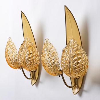 Bertil Brisborg & Fritz Kurz, a pair of wall lamps, Orrefors & Nordiska Kompaniet, 1950s.