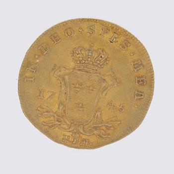 GULDMYNT, dukat, Fredrik I av Sverige, 1745, vikt ca 3,5 gram.