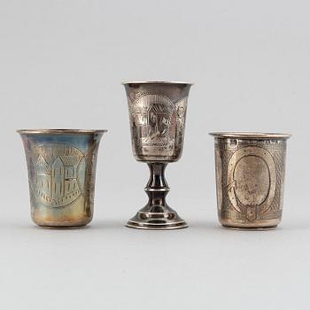 Three silver beakers, including Moscow 1893.