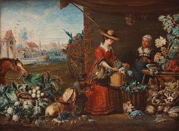 Pieter Angellis Attributed to, Market scenes after Frans Snyders; ”Der Obstmarkt”, ”Der Gemüsemarkt”, ”Der Wildbrethändler”, ”Der Fischmarkt”.