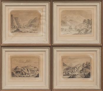 OKÄND KONSTNÄR, laveringar, 5 st, signerade, 1800-tal.