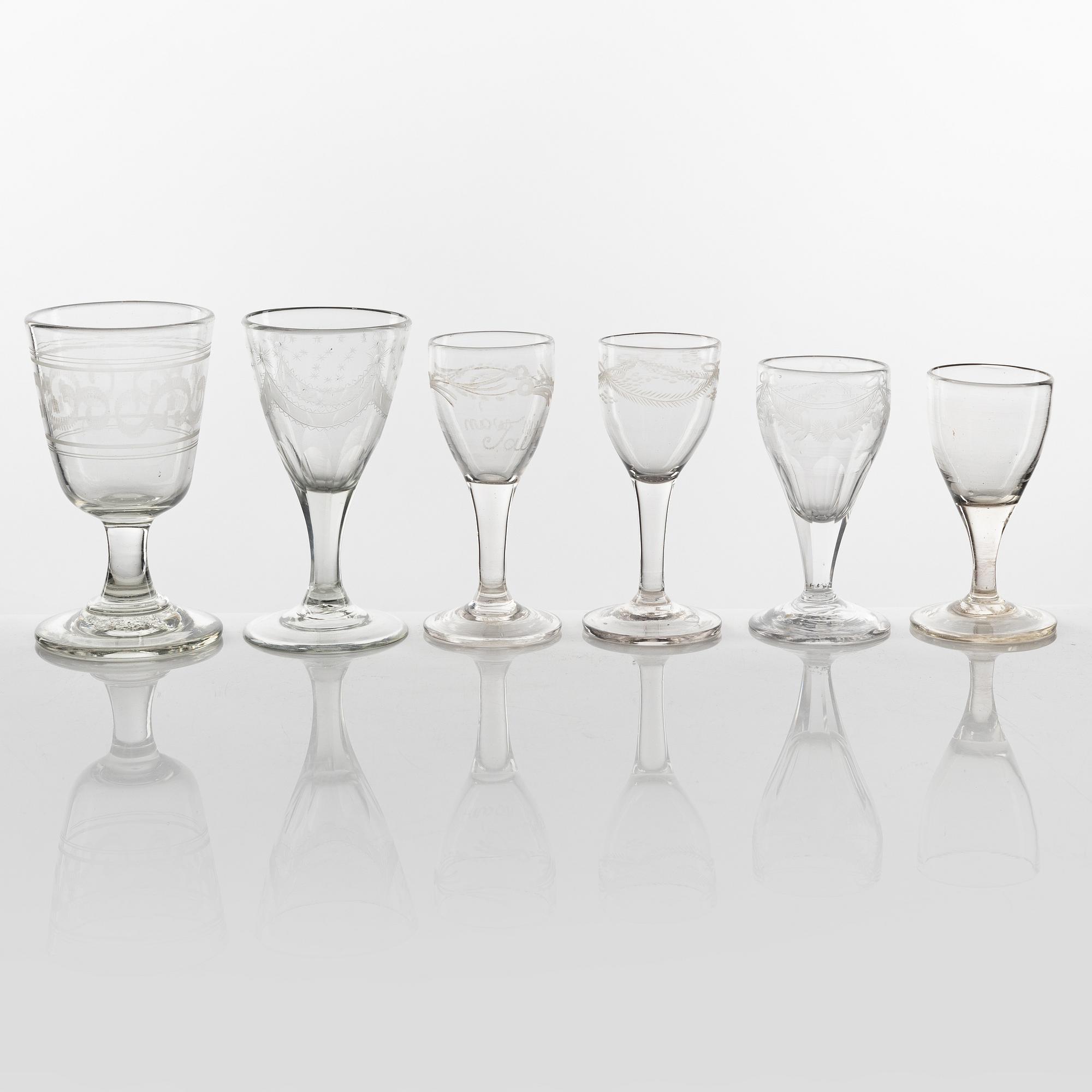 A set of six glasses, 18th and 19th Century.