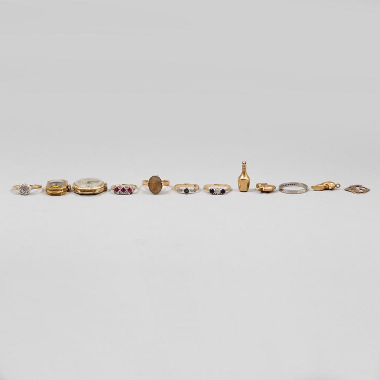 PARTI GULD, 12 delar, 18k guld samt 14k guld, diamant ca0,15ct samt små diamanter. Tot vikt (inkl ur) ca30,5g.