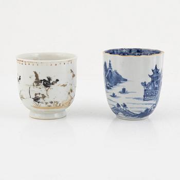 Two Chinese export porcelain cups with saucers, two cups, and a figurine, Qing Dynasty, 18th century.