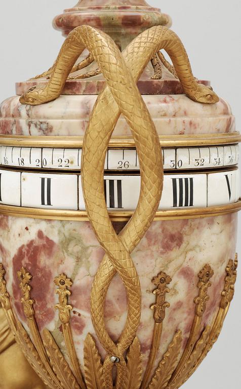 A Louis XVI-style late 19th century gilt bronze and marble vase clock "Pendule à cercles tournants", Dufaud Paris.