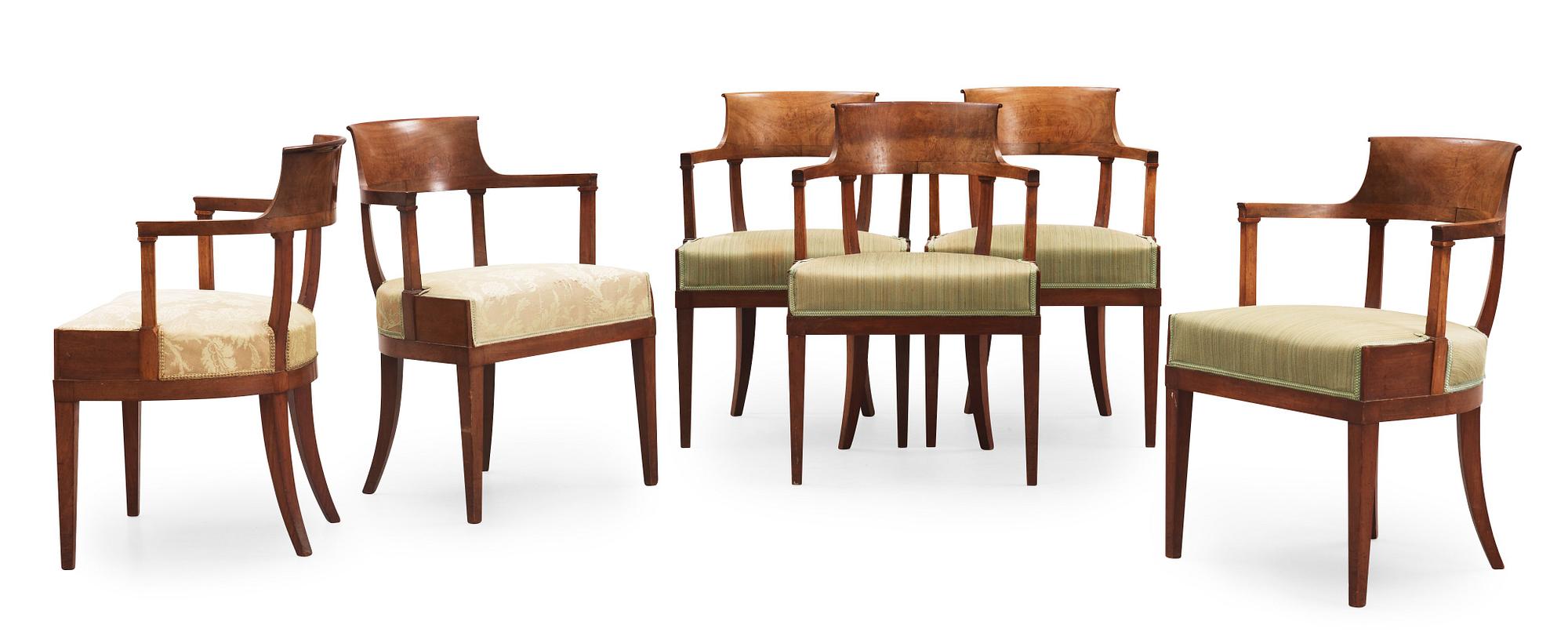 Six Swedish Empire 19th century armchairs.