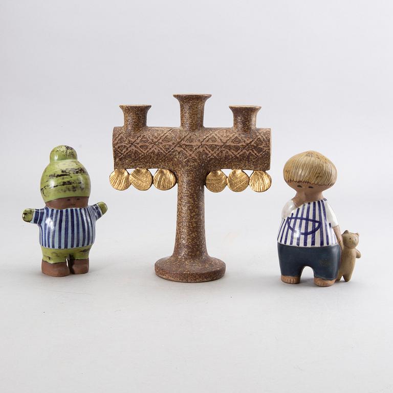 LISA LARSON, a candlestick and 2 figurines, stoneware, Gustavsberg, Sweden.