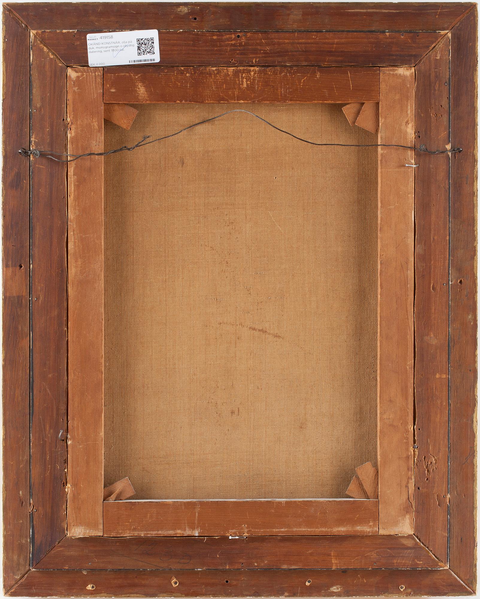 OKÄND KONSTNÄR, olja på duk, monogramsign o otydlig datering, sent 1800-tal.