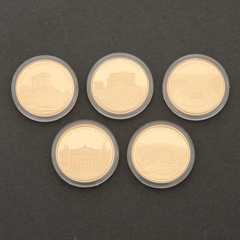 Five Athens 2004 Olympic games commemorative gold coins.