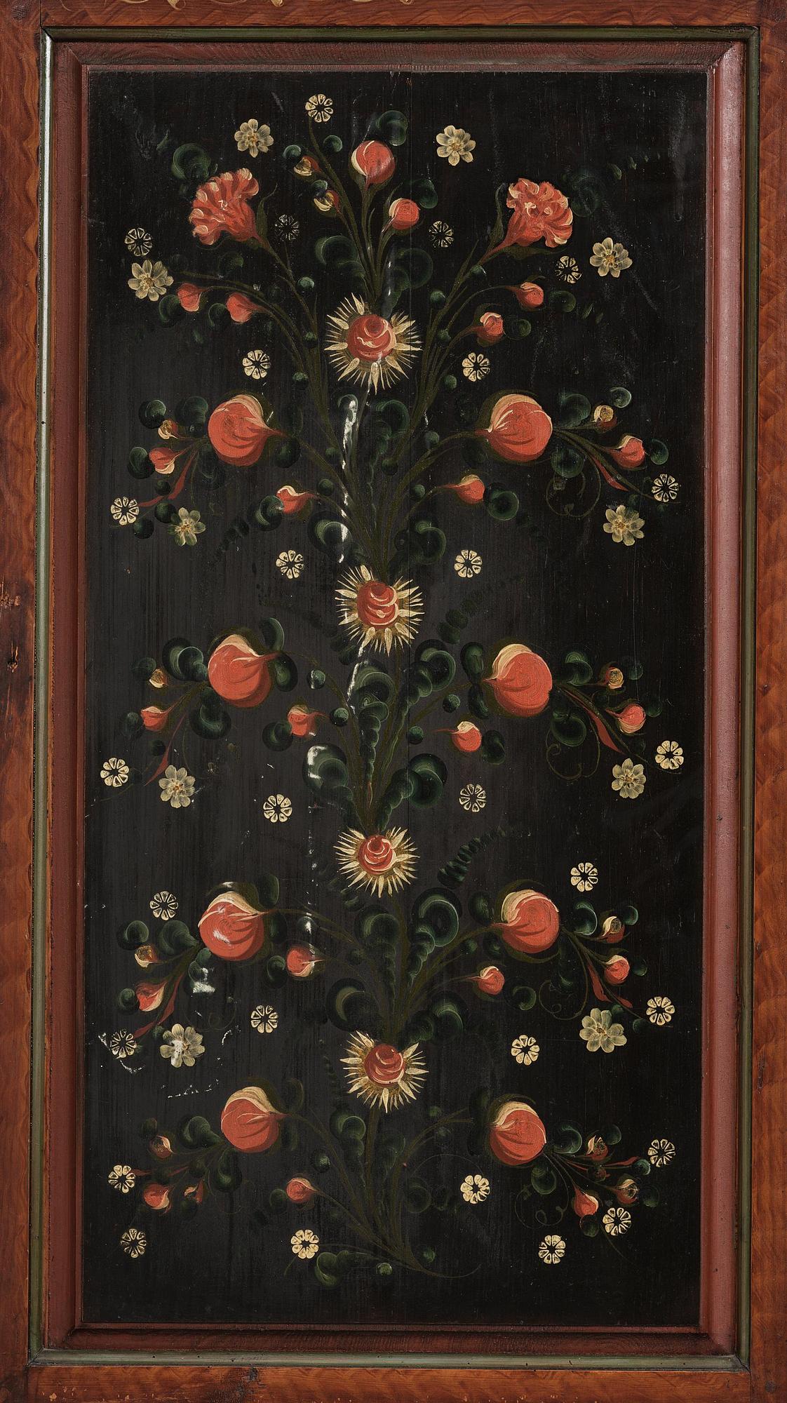 A Swedish polychrome painted folk art corner cabinet, dated 1818.