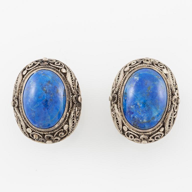 Necklace and earrings, silver with lapis lazuli.