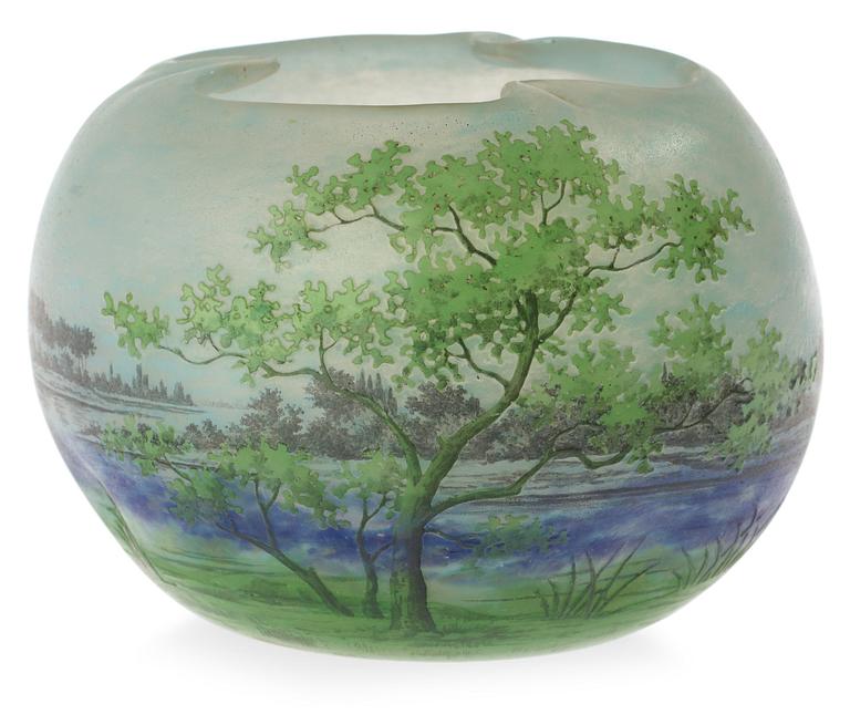 A Daum Art Nouveau enamel painted cameo glass bowl, Nancy France ca 1900.