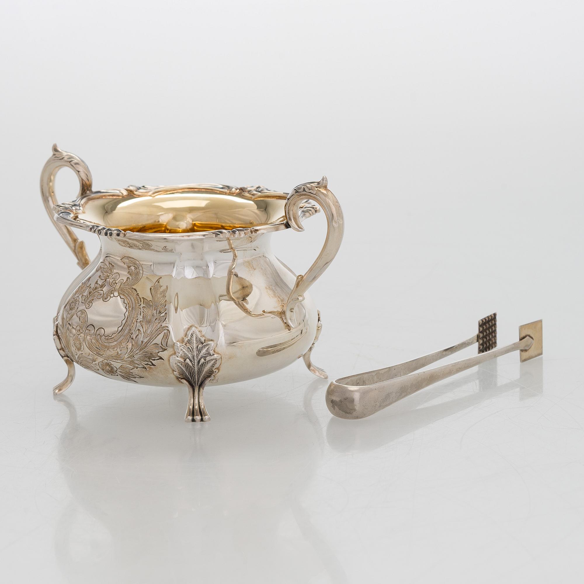 Kaffeservis 3 delar samt sockertång, silver, Kultakeskus Tavastehus 1961-62.