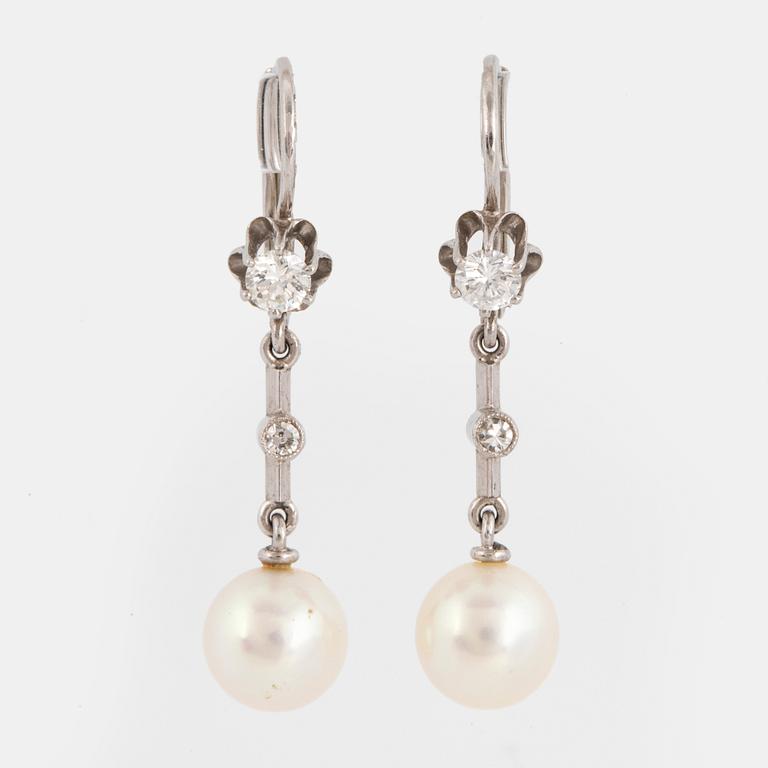18K white gold, cultured pearl and brilliant-cut and eight-cut diamond earrings.