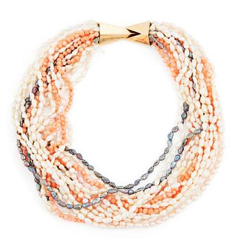 Kristian Nilsson, a cultured pearl and coral necklace with an 18K gold clasp.